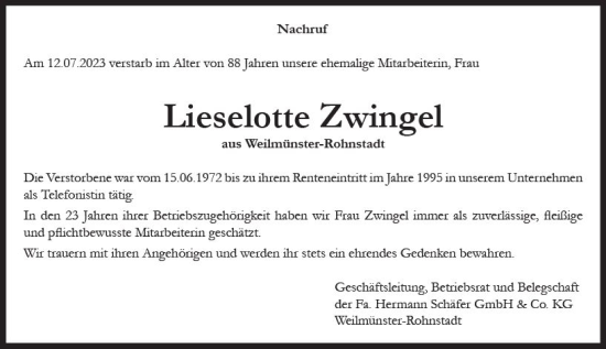 Traueranzeige von Lieselotte Zwingel von Weilburger Tageblatt