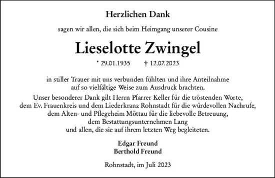 Traueranzeige von Lieselotte Zwingel von Weilburger Tageblatt