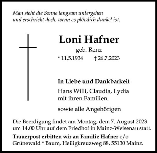 Traueranzeige von Loni Hafner von Allgemeine Zeitung Mainz