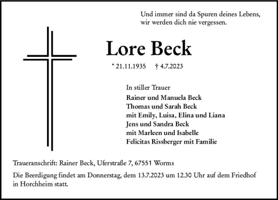 Traueranzeige von Lore Beck von Wormser Zeitung