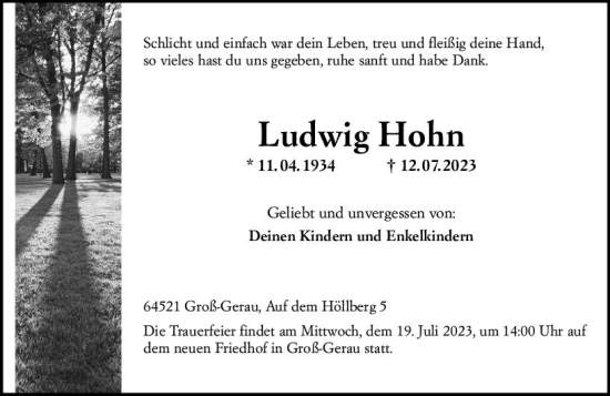Traueranzeige von Ludwig Hohn von Groß-Gerauer Echo