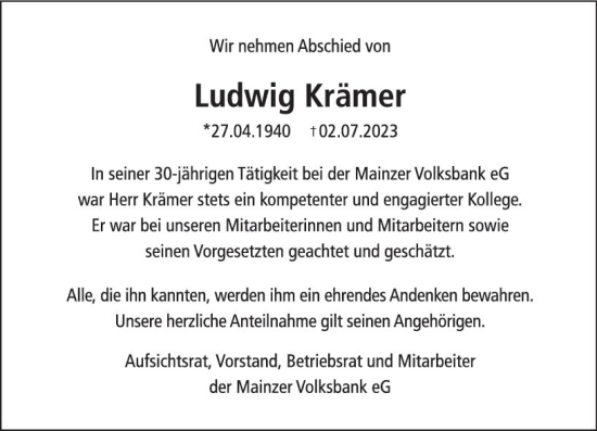 Traueranzeige von Ludwig  Krämer von Allgemeine Zeitung Mainz