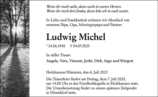 Traueranzeige von Ludwig Michel von Hinterländer Anzeiger