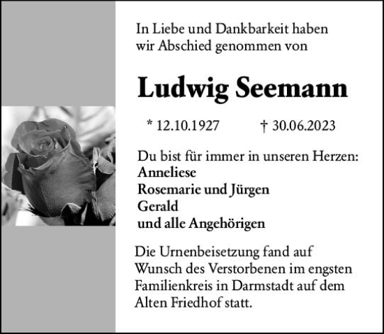 Traueranzeige von Ludwig Seemann von Darmstädter Echo