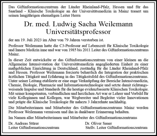 Traueranzeige von Ludwig Sacha Weilemann von Allgemeine Zeitung Mainz
