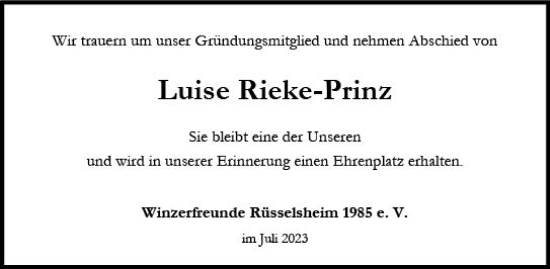 Traueranzeige von Luise Rieke-Prinz von Rüsselsheimer Echo
