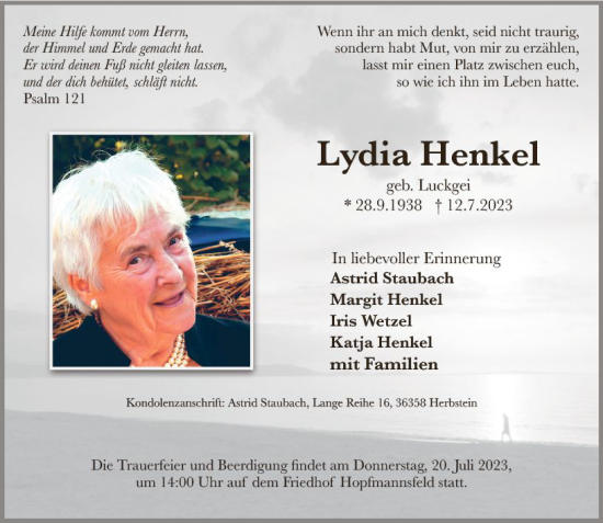Traueranzeige von Lydia Henkel von VRM Trauer
