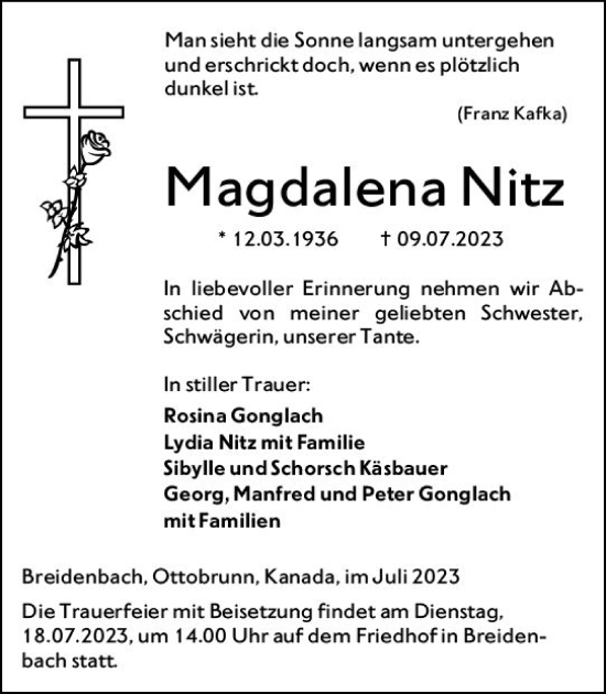 Traueranzeige von Magdalena Nitz von Hinterländer Anzeiger