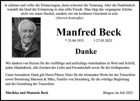 Traueranzeige von Manfred Beck von Allgemeine Zeitung Bingen/Ingelheim