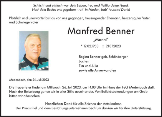 Traueranzeige von Manfred Benner von Dill Block