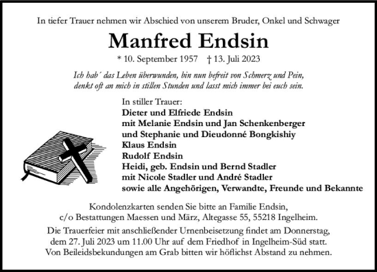 Traueranzeige von Manfred Endsin von Allgemeine Zeitung Bingen/Ingelheim