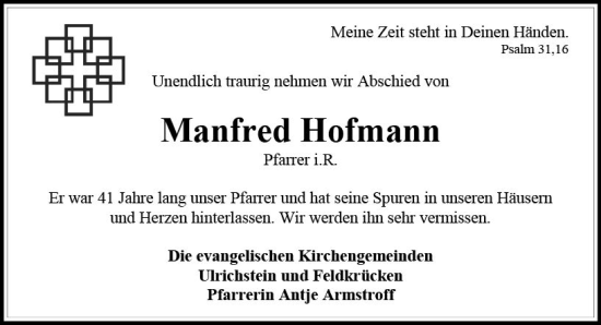 Traueranzeige von Manfred Hofmann von VRM Trauer