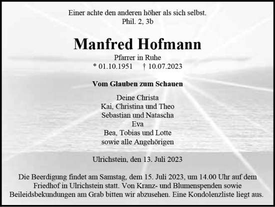 Traueranzeige von Manfred Hofmann von VRM Trauer