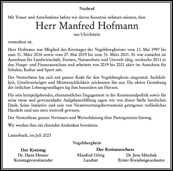 Traueranzeige von Manfred Hofmann von VRM Trauer