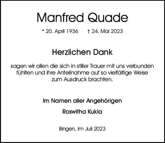 Traueranzeige von Manfred Quade von Allgemeine Zeitung Bingen/Ingelheim