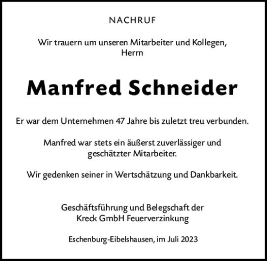 Traueranzeige von Manfred Schneider von Dill Block