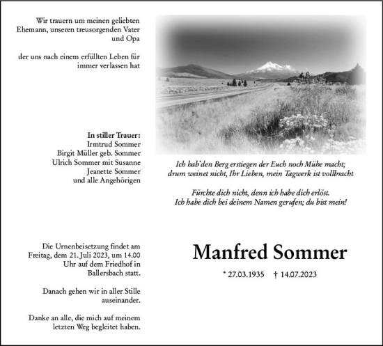 Traueranzeige von Manfred Sommer von Dill Block