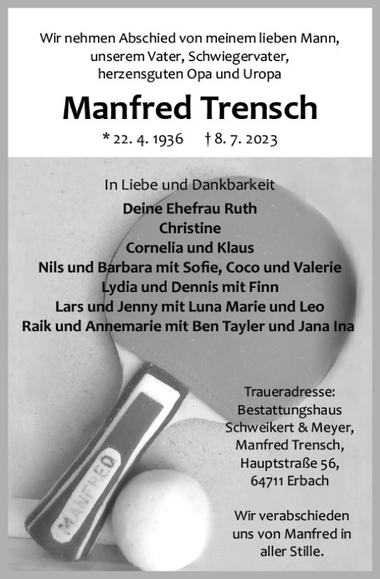 Traueranzeige von Manfred Trensch von Odenwälder Echo
