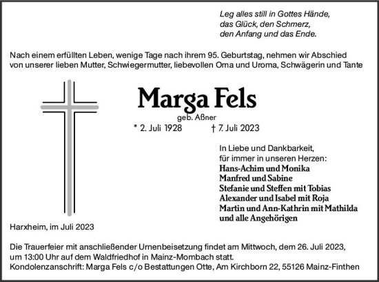 Traueranzeige von Marga Fels von Allgemeine Zeitung Mainz