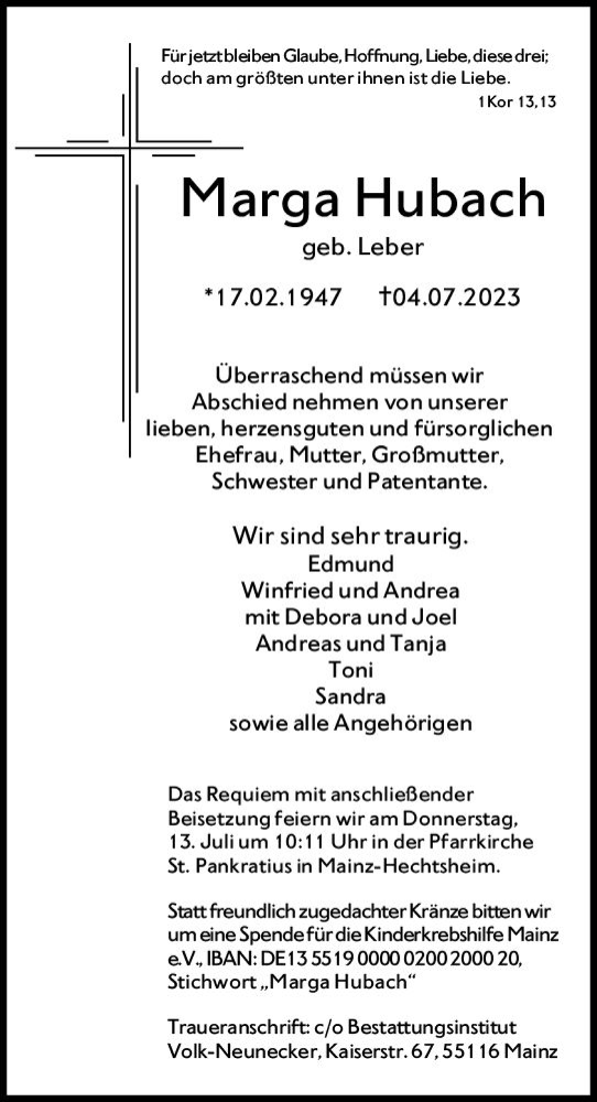 Traueranzeige von Marga Hubach von Allgemeine Zeitung Alzey