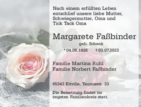 Traueranzeige von Margarete Faßbinder von Rheingau Kurier