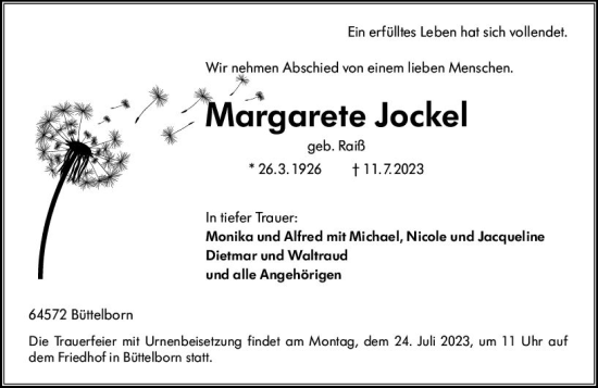 Traueranzeige von Margarete Jockel von Groß-Gerauer Echo