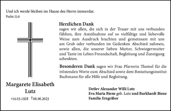 Traueranzeige von Margarete Elisabeth Lutz von Darmstädter Echo