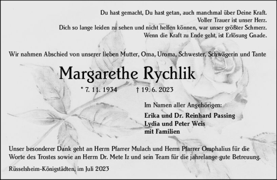 Traueranzeige von Margarethe Rychlik von Rüsselsheimer Echo