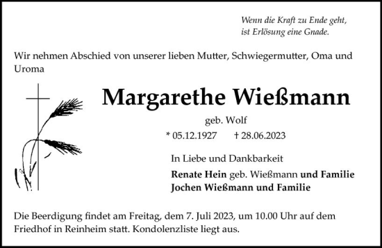 Traueranzeige von Margarethe Wießmann von Darmstädter Echo