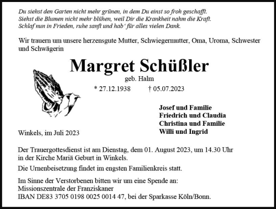 Traueranzeige von Margret Schüßler von Weilburger Tageblatt