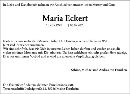 Traueranzeige von Maria Eckert von Allgemeine Zeitung Mainz
