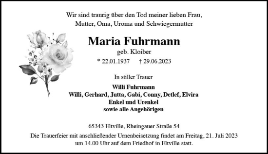 Traueranzeige von Maria Fuhrmann von Rheingau Kurier