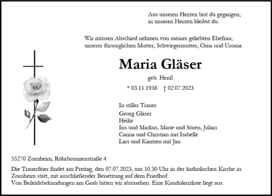Traueranzeige von Maria Gläser von Allgemeine Zeitung Mainz