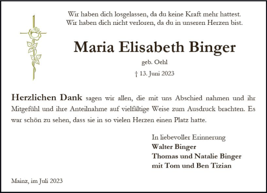 Traueranzeige von Maria Elisabeth Binger von Allgemeine Zeitung Mainz Traueranzeige von Maria Elisabeth Binger von Allgemeine Zeitung Mainz