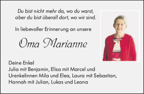 Traueranzeige von Marianne  von VRM Trauer