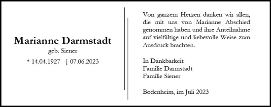 Traueranzeige von Marianne Darmstadt von Allgemeine Zeitung Mainz