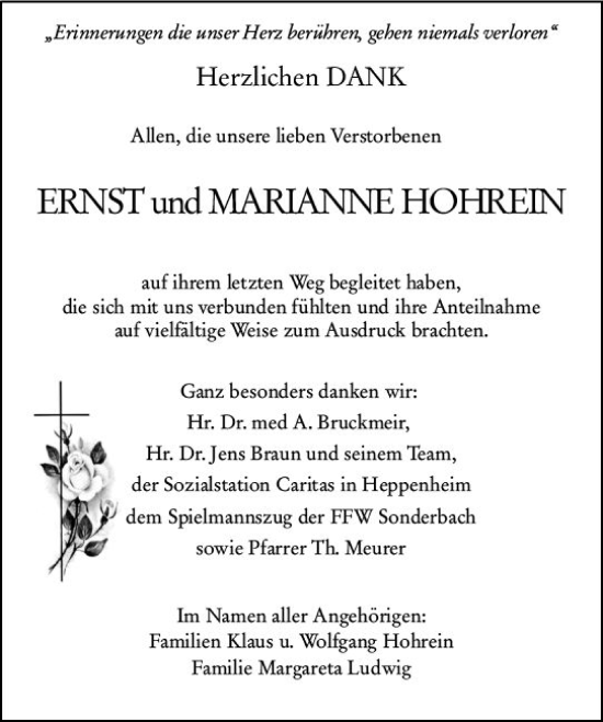 Traueranzeige von Marianne Hohrein von Starkenburger Echo