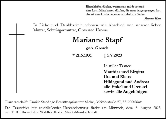 Traueranzeige von Marianne Stapf von Allgemeine Zeitung Mainz
