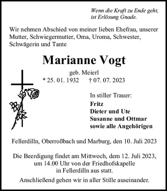 Traueranzeige von Marianne Vogt von Dill Block
