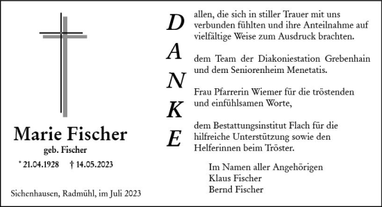 Traueranzeige von Marie Fischer von VRM Trauer