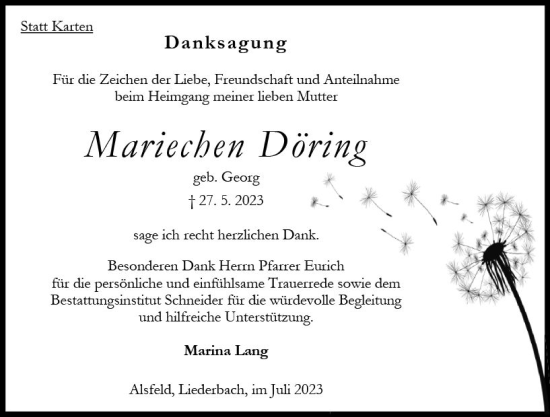 Traueranzeige von Mariechen Döring von Oberhessen Kurier