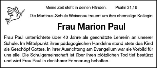 Traueranzeige von Marion Paul von Allgemeine Zeitung Mainz