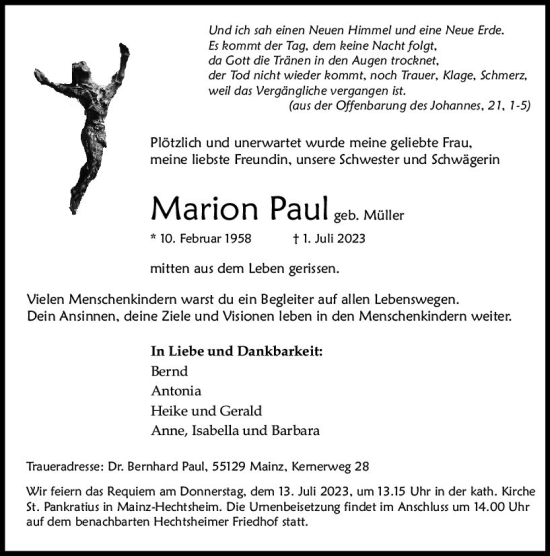 Traueranzeige von Marion Paul von Allgemeine Zeitung Mainz