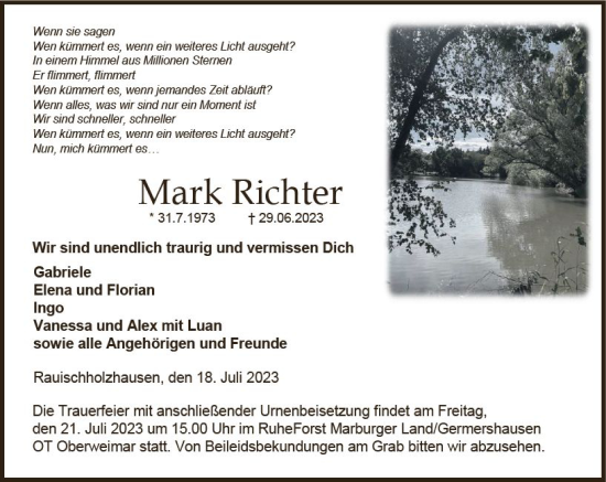 Traueranzeige von Mark Richter von Hinterländer Anzeiger