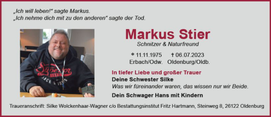 Traueranzeige von Markus Stier von Odenwälder Echo