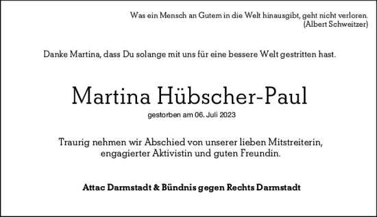 Traueranzeige von Martina  Hübscher-Paul von Darmstädter Echo