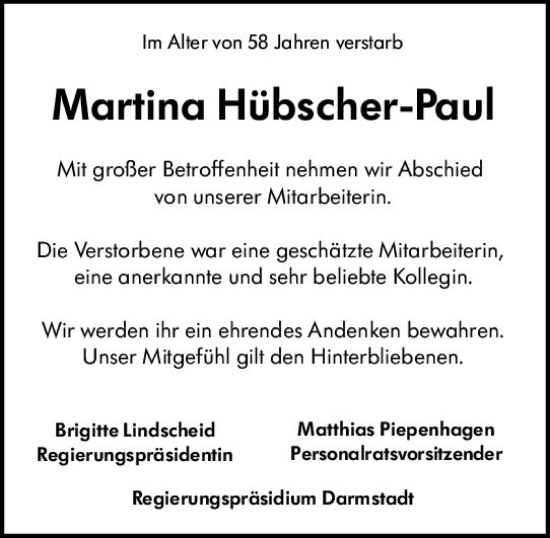 Traueranzeige von Martina  Hübscher-Paul von Darmstädter Echo