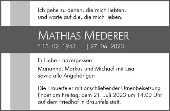 Traueranzeige von Mathias Mederer von Wetzlarer Neue Zeitung
