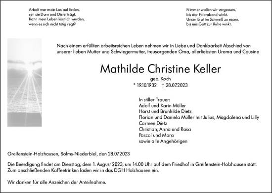 Traueranzeige von Mathilde Christine Keller von Wetzlarer Neue Zeitung