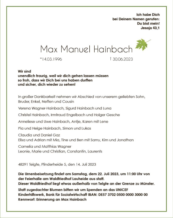 Traueranzeige von Max Manuel Hainbach von Hinterländer Anzeiger